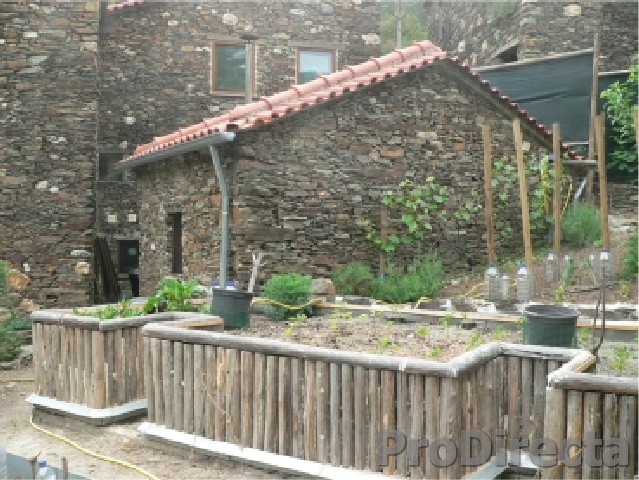 Schist Casita (Small Detached, Storage House with Boiler) and Wood Raised Beds for Gardening